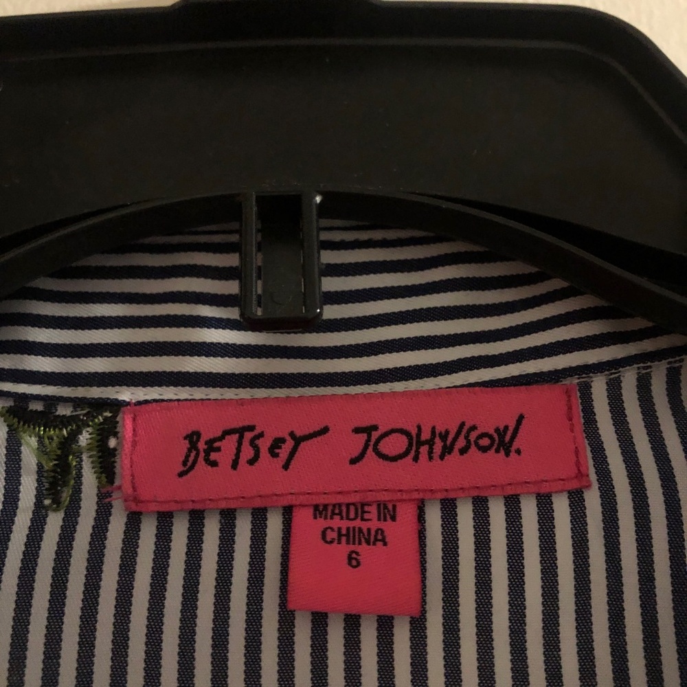 Betsey Johnson Navy Striped Shirt with Red Floral Detail and Flower Buttons - Picture 6 of 6